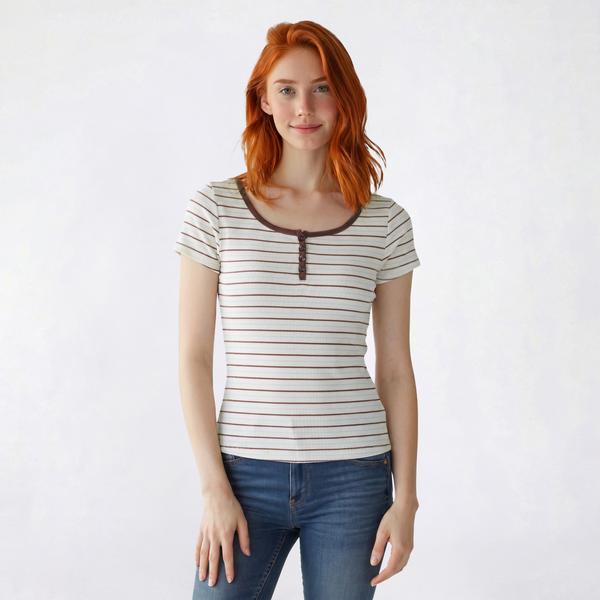 Juniors Pink Rose Short Sleeve Ribbed Stripe Henley Top